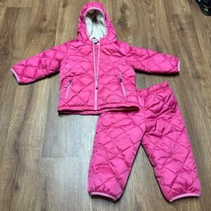 LL Bean Toddler Girls Pink Puffer Ski Suit Jacket Pants Set 12-18M Sherpa Lined